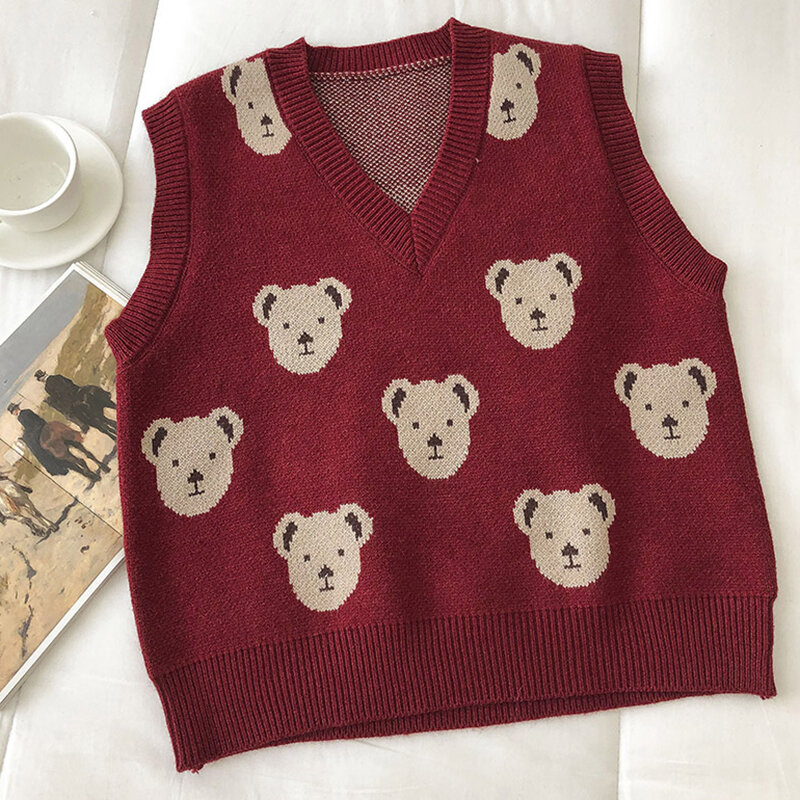 New Women Vests Japanese College Style Cute Bear V-Neck Sweater Vest Outer Wear Loose Pullovers