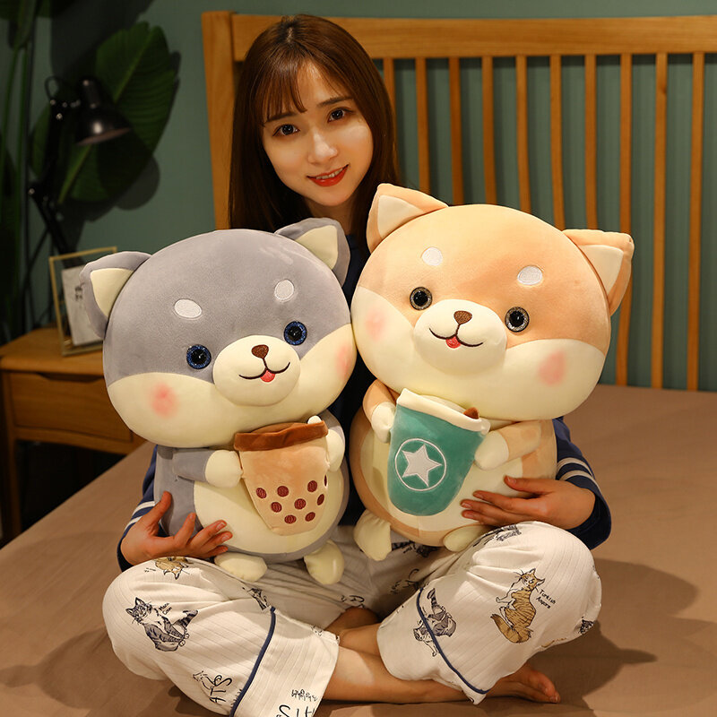 Juguetes de peluche Kawaii Shiba Inu Dog Holding Bubble Tea Cup, almohada de Animal suave, muñecas para niñas, regalos de cumpleaños, 20 cm, 35 cm, 45cm