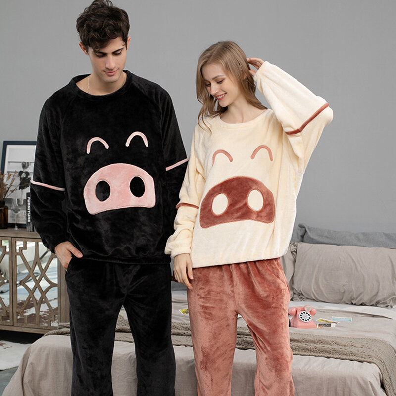 Winter Flanell Pyjama Set für Frauen Männer Paar Rundhals Pullover Nachtwäsche Cartoon Lose Dicke Warme Hause Anzug Plüsch Nachtwäsche