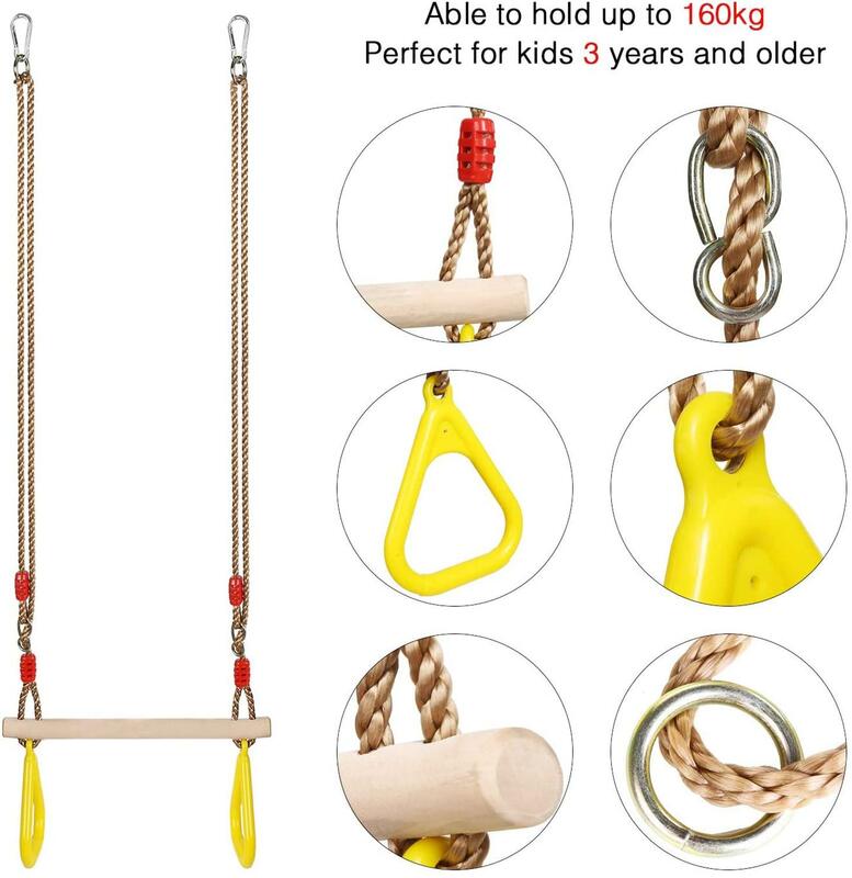 Garden Swing Seat,Wooden Trapeze with Gym Rings/Gymnastic Trapeze for Indoor or Outdoor, on The Patio or Porch