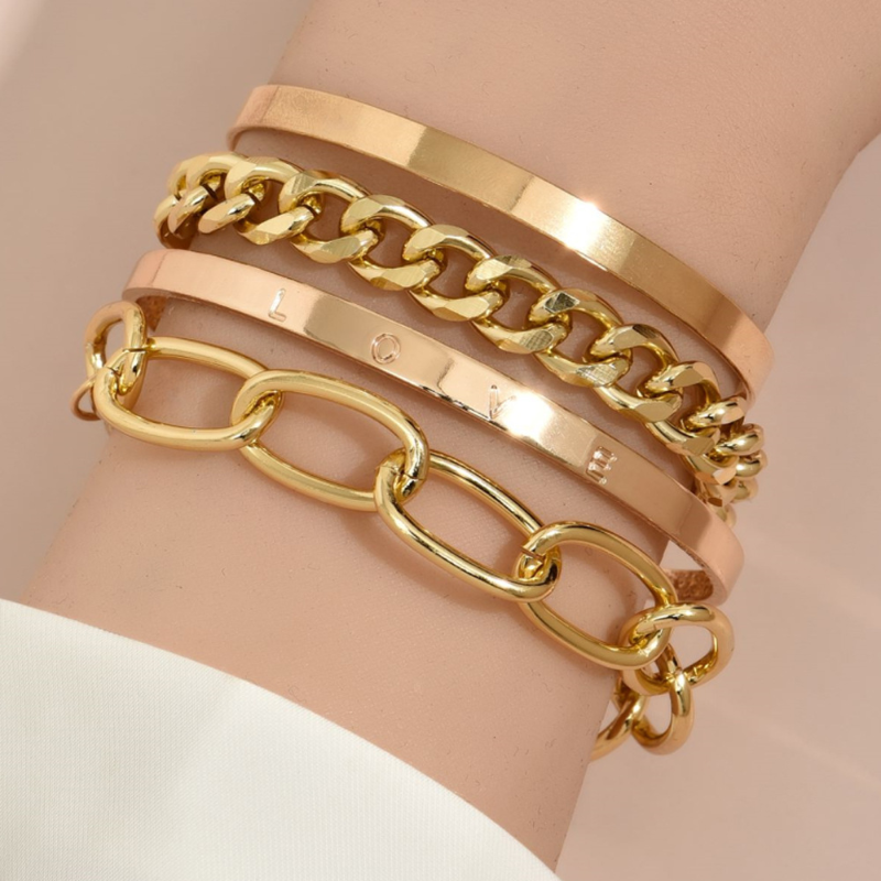 Boho Thick Gold Color Charm Bracelets Bangles 2022 New Fashion Jewelry 4pcs Punk Curb Cuban Chain Bracelets Set for Women Gifts