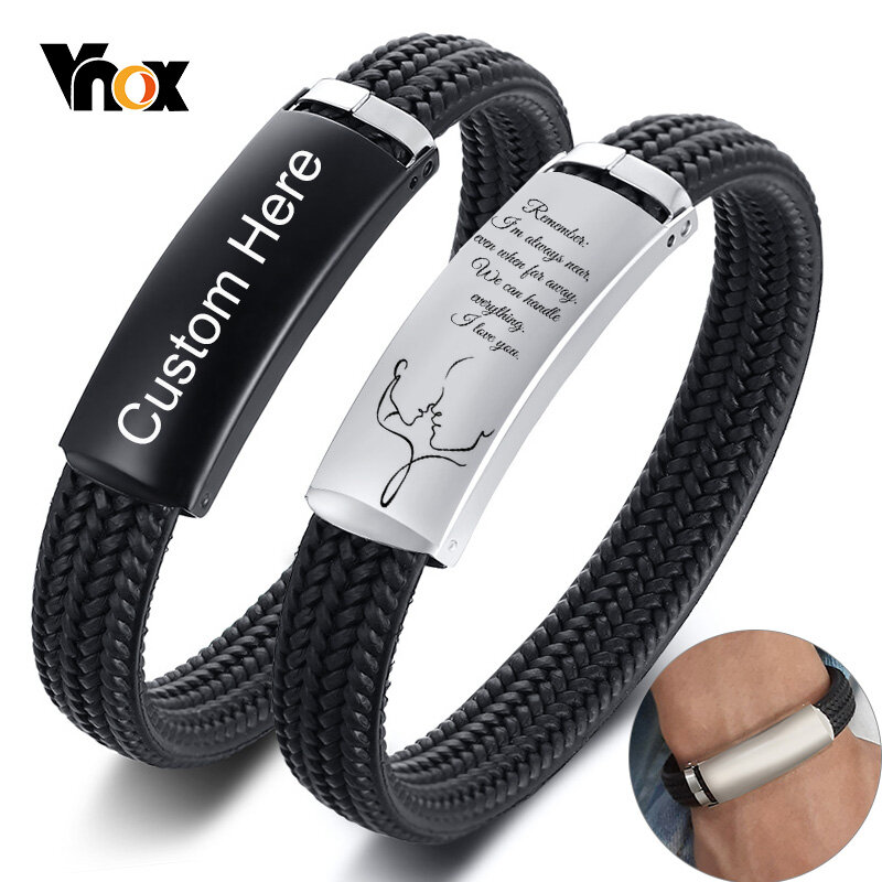 Vnox – Bracelets noirs personnalisés pour hommes, en acier inoxydable, Texture tressée, caoutchouc, Silicone, fermoir élégant