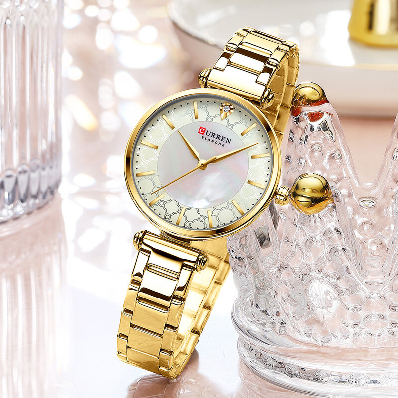 Curren relógio de pulso de aço inoxidável, relógio de marca de luxo feminino com pulseira de ouro rosa estiloso de quartzo para mulheres