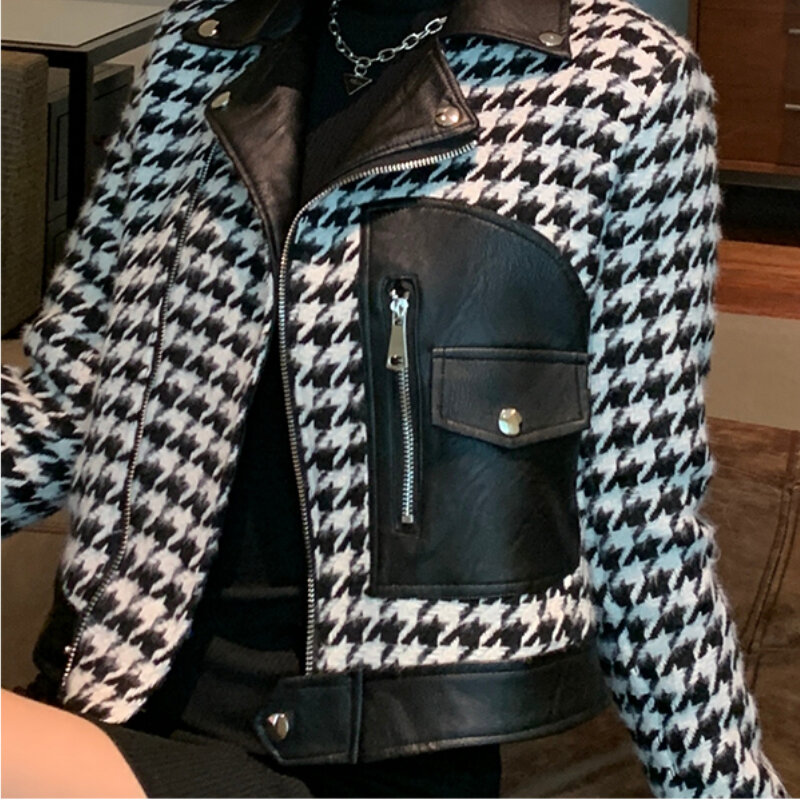 Women Jacket High Quality Pockets Pu Artificial leather stitching Suit collar Houndstooth jacket Long Sleeve Cardigan 981E