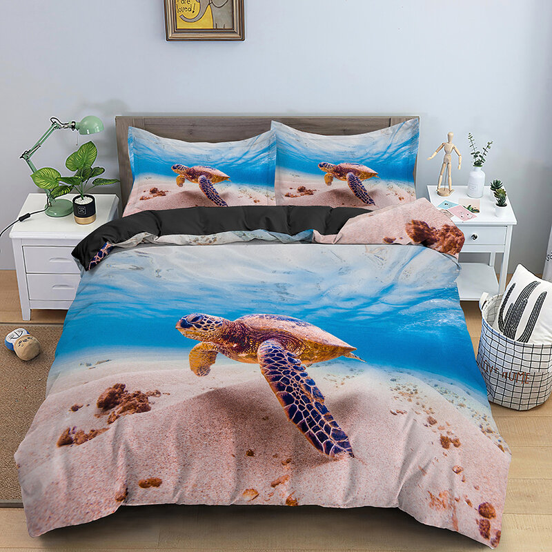 Parure de lit 3D en forme de tortue de mer, ensemble de literie avec housse de couette et taies d'oreiller en forme d'animal psychédélique, pour lit simple, lit double, Queen, King