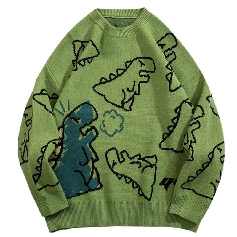 Cartoon Dinosaur sweter z dzianiny mężczyźni wiosna jesień Casual Loose sweter O-neck odzież uliczna Oversize para swetry Unisex M-2XL