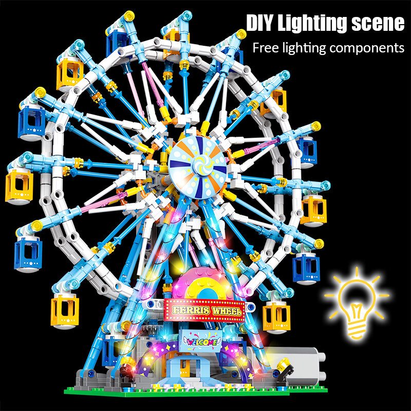 870pcs City Electric with Light Rotating Street View Ferris Wheel Building Blocks Friends Amusement Park Bricks Toys for Kids