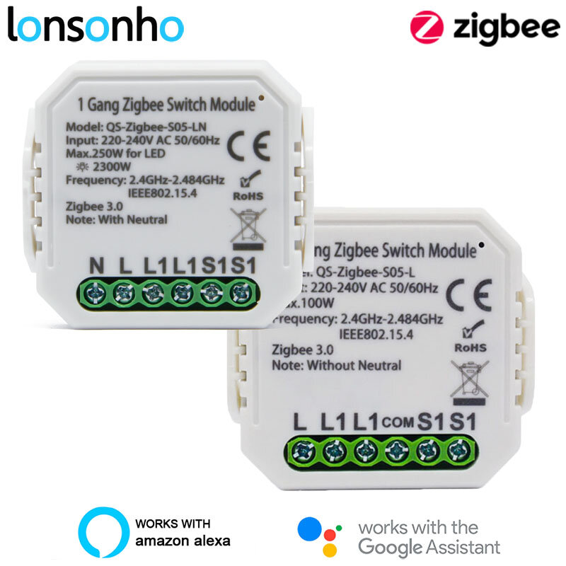 Lonsonho Tuya Zigbee Smart Switch Module Geen/Met Neutrale Eu 220V 2 Way Draadloze Lichtschakelaar Relais Zibee2MQTT thuis Assistent