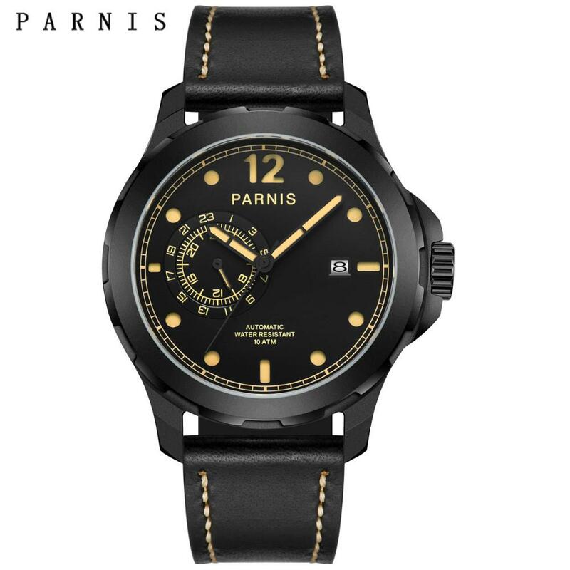 Мужские серебристые механические часы Parnis, 44 мм, с кожаным ремешком, светящиеся водонепроницаемые часы 100 м, часы в подарок, мужские часы