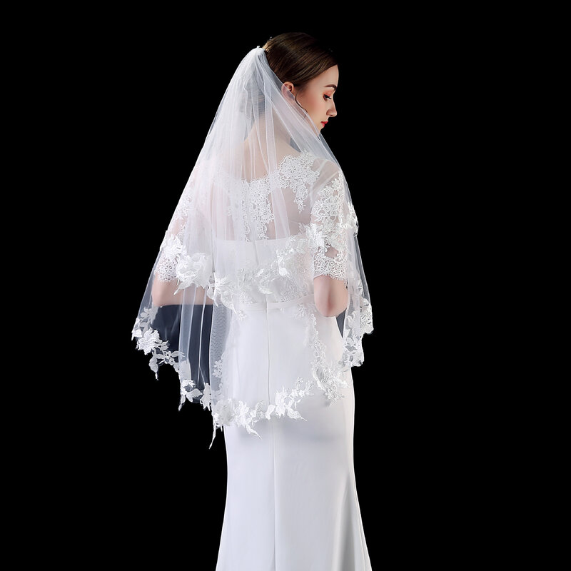 Voile de mariée élégant avec bord appliqué, voile de princesse ivoire, accessoires de mariage