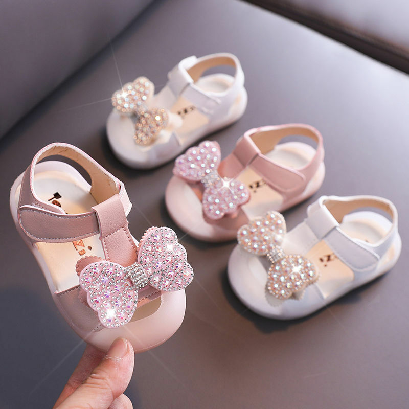 女の子の結婚式の靴ブライダルクリスタルtストラップ幼児ボウタイ王女の靴をブリンブリン白ベビー子供キッズ抗滑りやすいパーティー靴