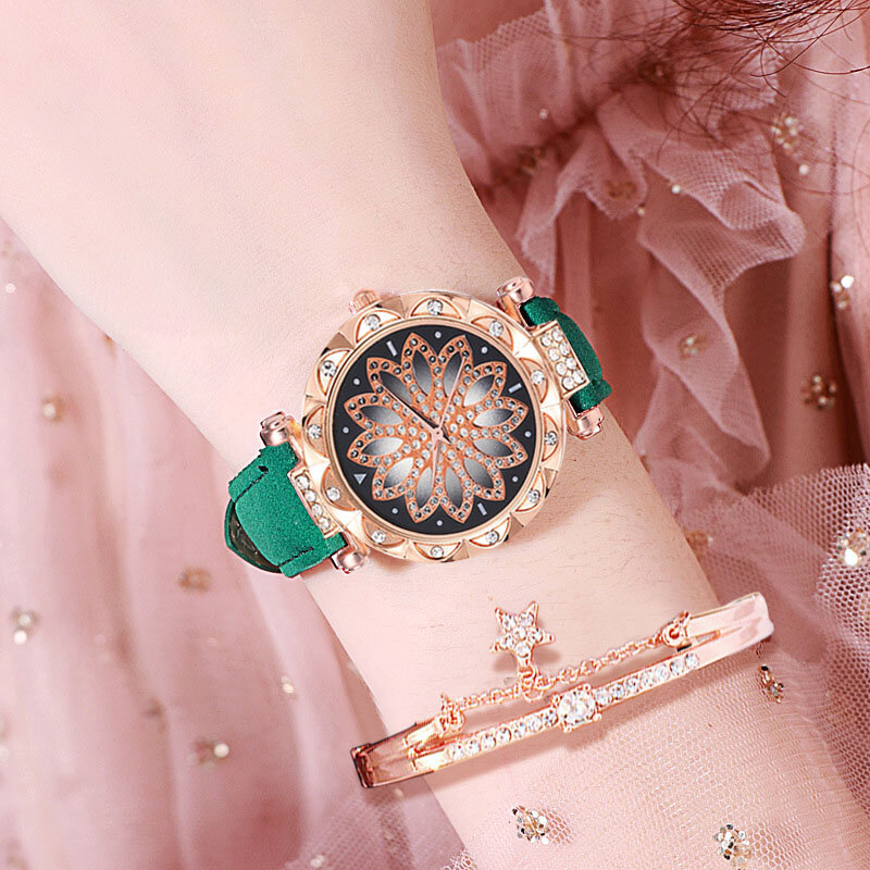 Montre-bracelet en cuir fleur de chance pour femmes, à Quartz, ensemble de montre-bracelet ciel étoilé, cadeau idéal