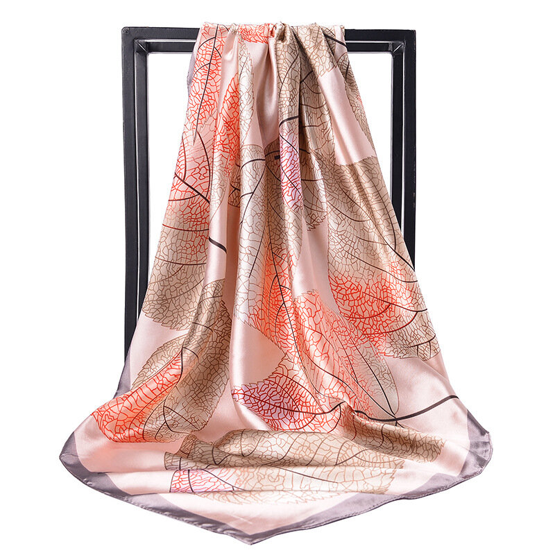 Bufanda de seda satinada con estampado de hojas para mujer, pañuelo cuadrado de 90x90cm para el cuello, a la moda
