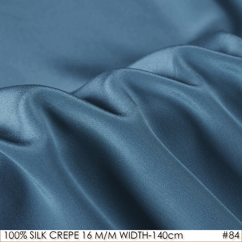 100% seta CREPE DE CHINE 140cm larghezza 16momme seta naturale pura nuovo Desigual grigio scuro blu NO 84