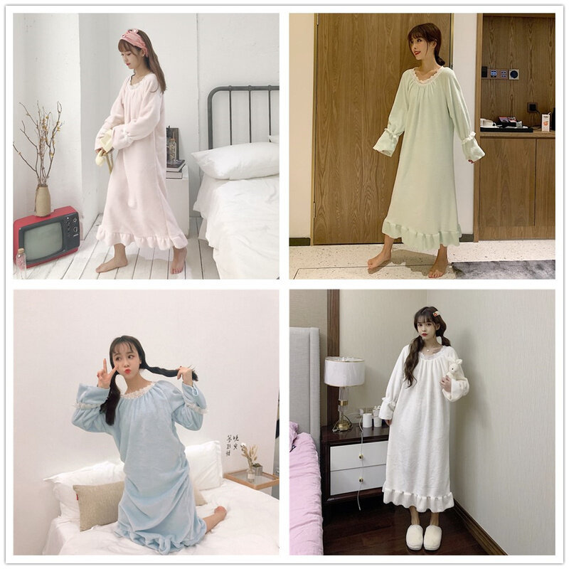 Autumn and Winter Long-Sleeved Nightdress Women's Thickened Flannel