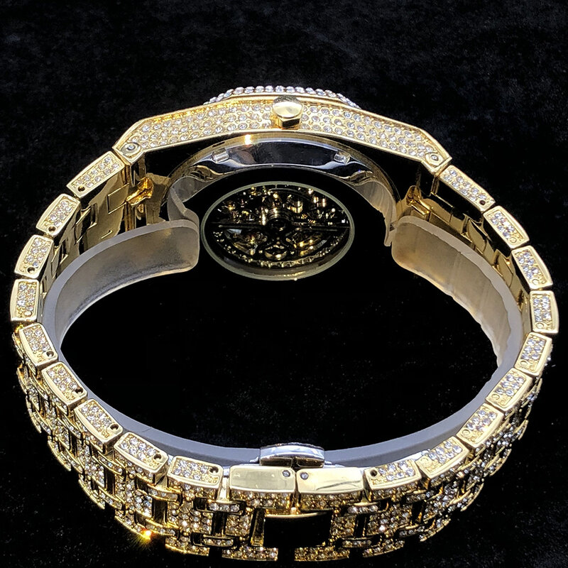 MISSFOX Voller Diamanten Automatische Mechanische Uhren Männer Luxus Stahl Skeleton Uhr Hip Hop Iced Out Tourbillon Armbanduhr Geschenk