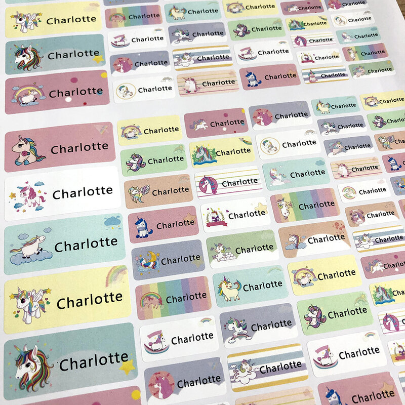 Pegatinas de nombre de unicornio de dibujos animados para niña, etiquetas personales personalizadas, etiqueta de dibujos animados a prueba de agua para niños, papelería, álbumes de recortes, 114 Uds.