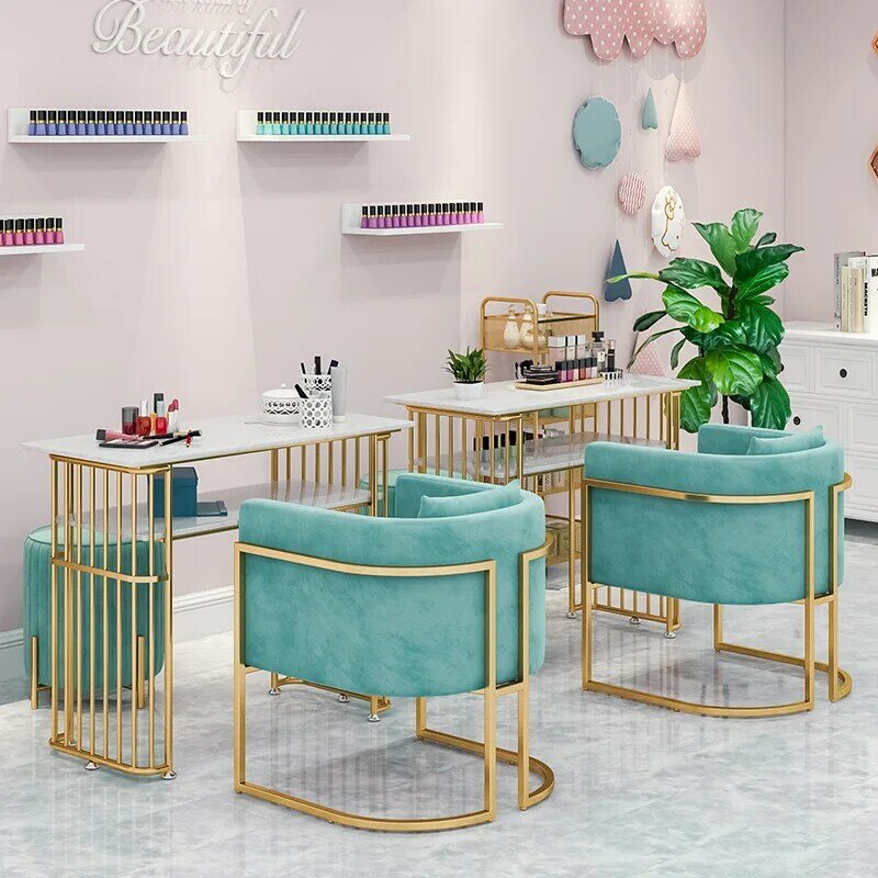 Mesa de manicure e conjunto nórdico de luxo, luz marmorizada, conjunto de cadeiras, mesa dupla de manicure, rosa