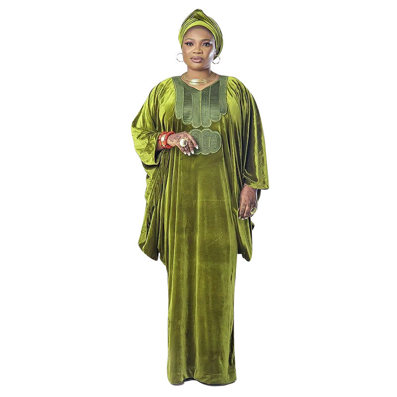 아프리카 복장 여자 느슨한 가을과 겨울 복장 자수 녹색 간단한 캐주얼 롱 스커트 아프리카 여성 의류 가운