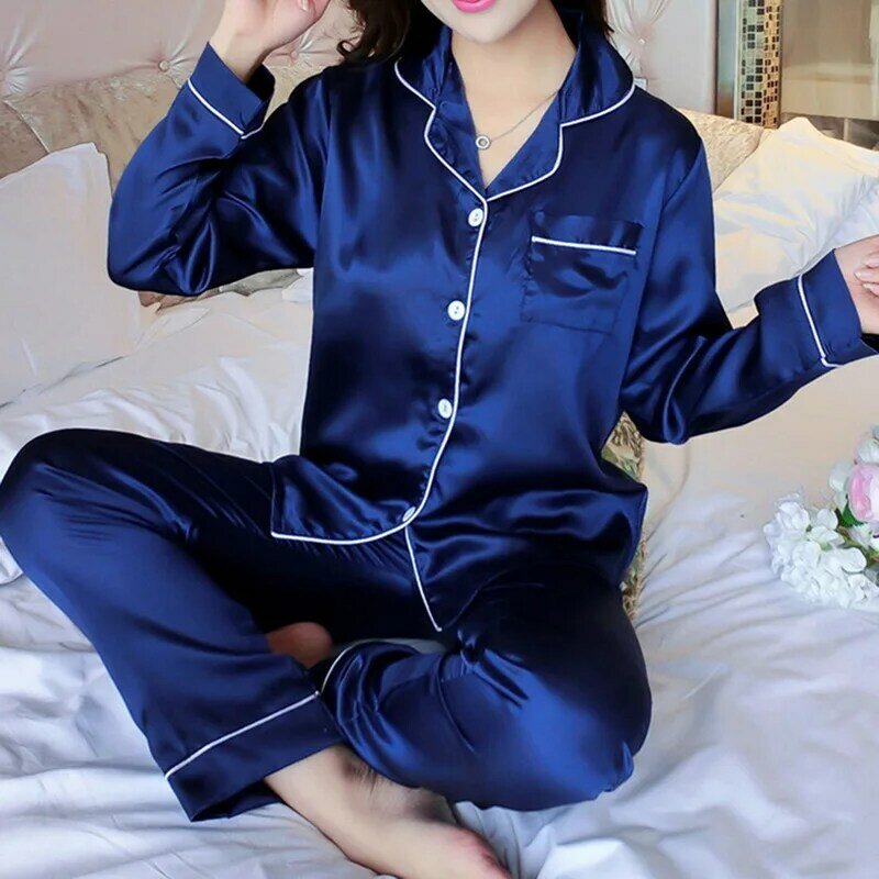 Womens de seda cetim pijamas conjunto manga longa pijamas pijamas pijamas terno feminino sono duas peças conjunto loungewear 2 peça