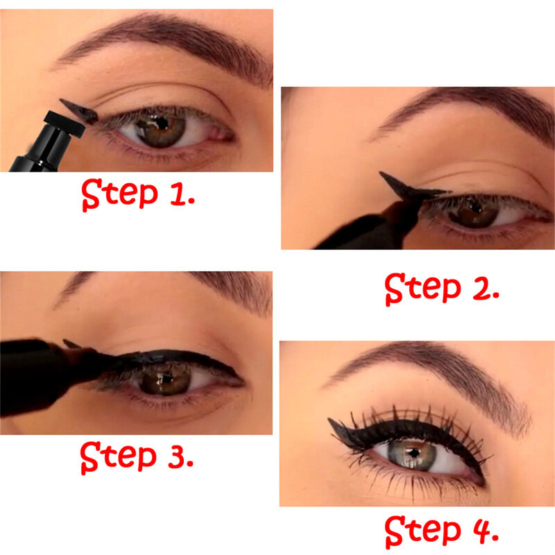 2 In 1 Eyeliner Stempel Waterproof Make-Up Eyeliner Potlood Zwarte Vloeistof