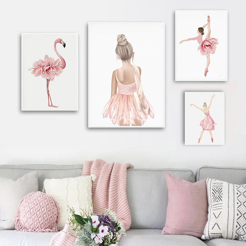 Sepatu Rok Tari Balet Flamingo Cat Air Seni Dinding Lukisan Kanvas Poster Nordic dan Gambar Cetak Dekorasi Ruangan Gadis Besar