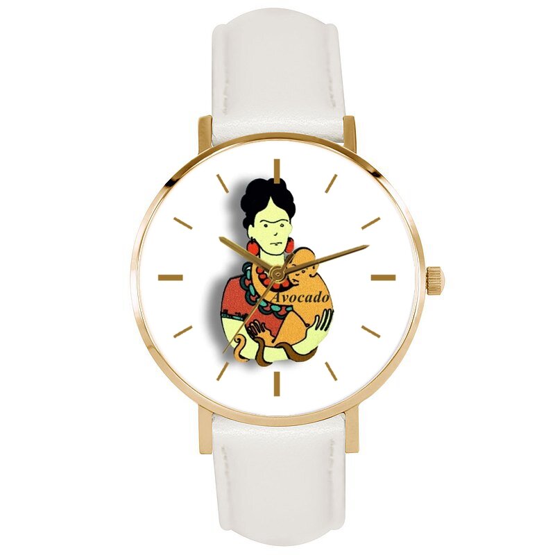 Abacate artista mexicano e macaco relógio feminino pulseira de couro branco senhoras quartzo relógios de pulso