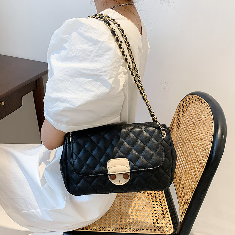Black Chains Crossbody Bag for Women Diamond Lattice Shoulder Bags Luxury Brand Handbags Vintage Leather Flap Messenger Bag Sac