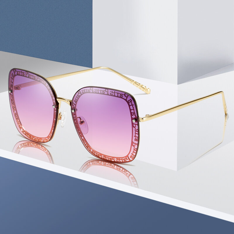 Novo design da marca moda óculos de sol feminino metal sem aro óculos de sol grandes dimensões senhora luxo uv400 tons de sol