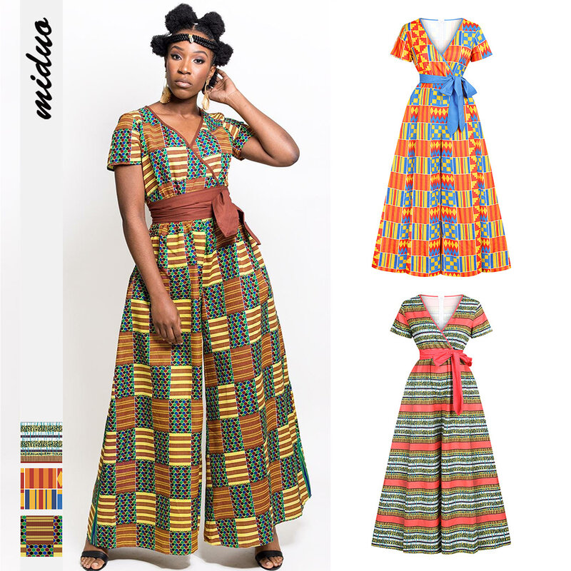 인기 인쇄 섹시한 v 넥 느슨한 점프 슈트 패션 긴 플레어 바지 아프리카 의류 바쟁 여성을 위한 풍부한 아프리카 패션 K155