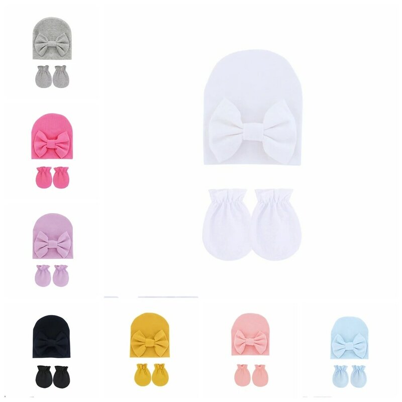 Cappello e guanti in cotone morbido e confortevole neonato Set fiocchi tinta unita cappellini per bambini neonato anti-mangiare mano anti-afferrare viso proteggere guanto