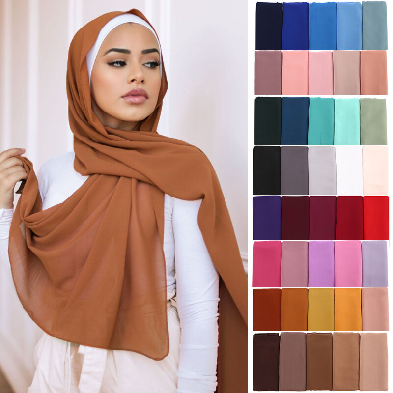 Mulheres cor sólida chiffon hijab cachecol envoltório xales islâmicos bandana muçulmano hijabs envoltório lenço lenços 60 cores