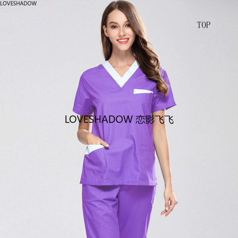 Puur Katoen Kleur Blokkeren Scrub Top Vrouwen Uniformen Korte Mouwen V-hals Shirt Veterinaire Side Vent Grote Zakken Werkkleding Kleding