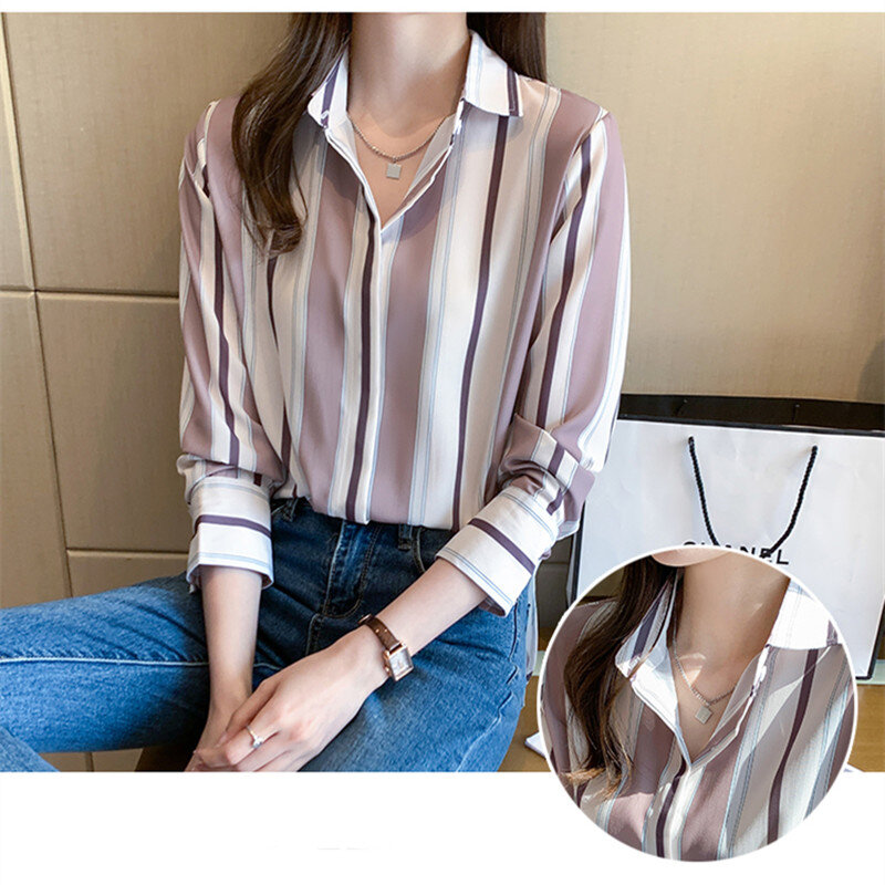 Moda listrado camisa feminina chiffon blusas para mulher manga longa topo feminina botão up roupas polo pescoço feminino 2021 camisa básica