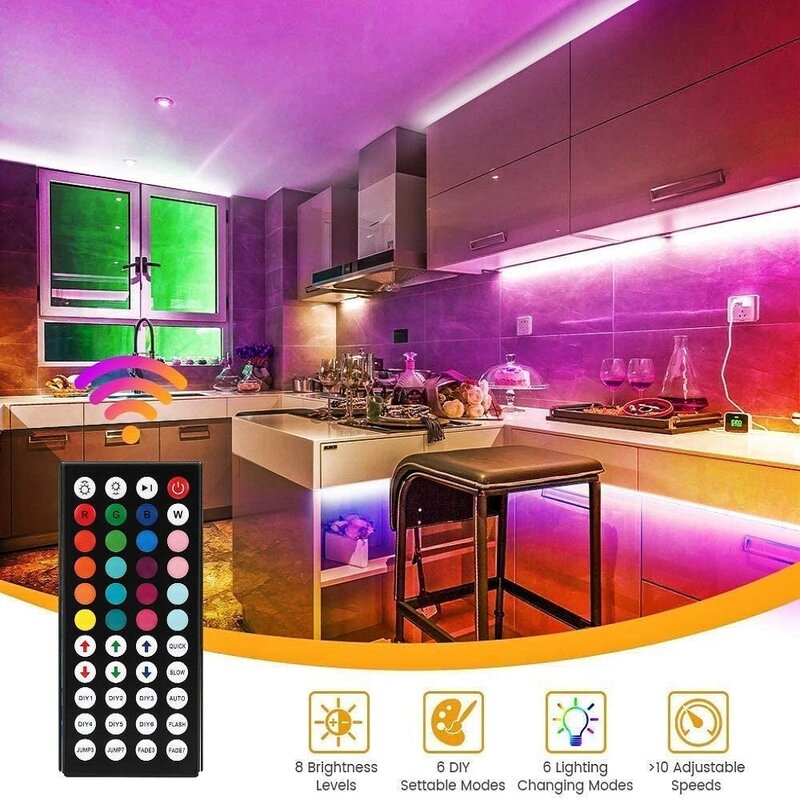 Fita led luzes flexíveis 5050 rgb, luz de tira led com 44 teclas ir controle remoto, luzes de corda coloridas de led para teto doméstico