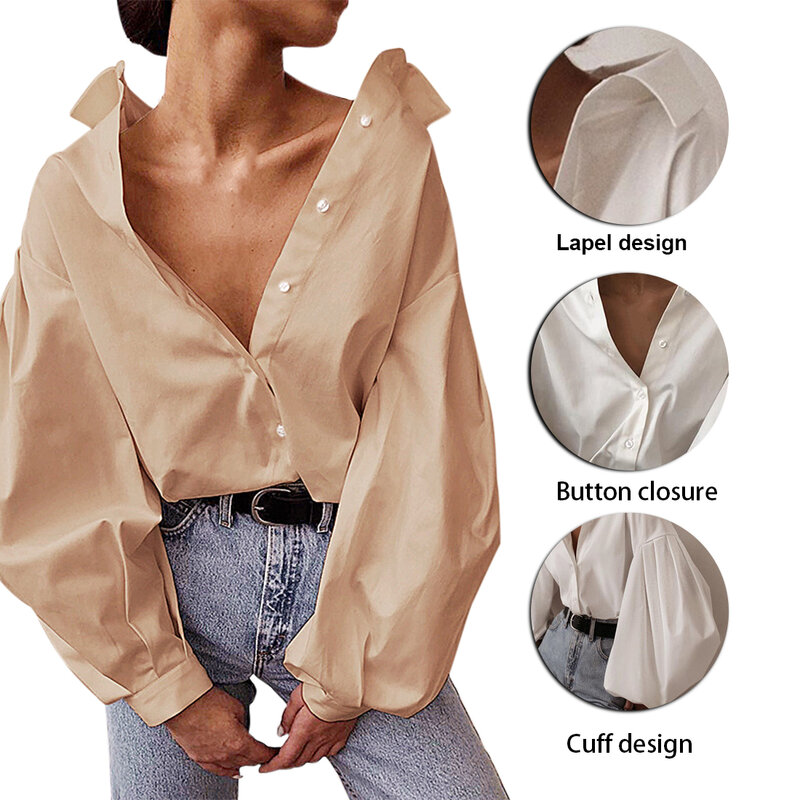 Moda feminina blusas primavera outono lazer camisas brancas botão vneck cardigan topo solto plissado manga longa camisas de grandes dimensões 2021