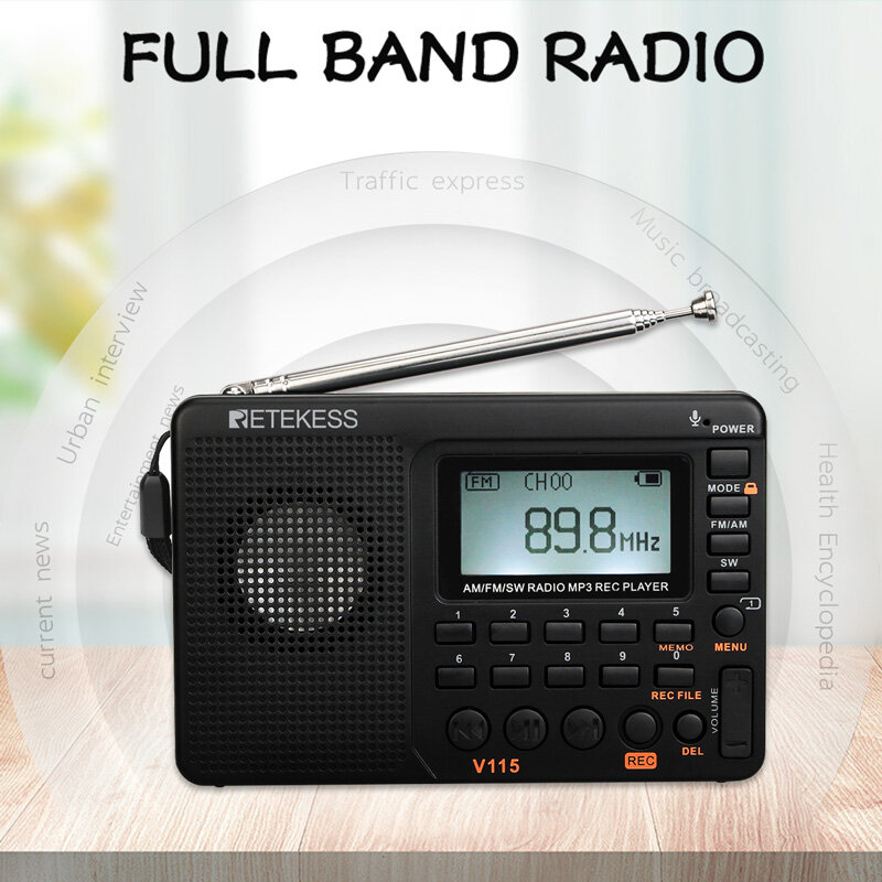 Retekess V115 Fm/Am/Sw Radio Ontvanger Bass Sound MP3 Speler Rec Recorder Draagbare Radio Met Sleep Timer tf Card Draagbare Pocket