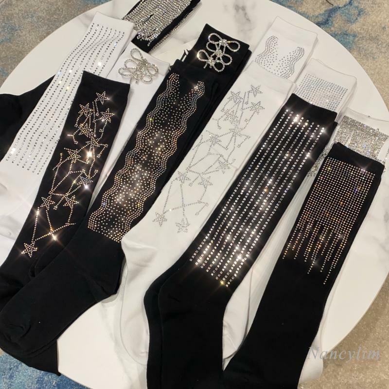 Nancylim-Calcetines de algodón con diamantes de imitación para mujer y niña, medias de béisbol de altura media, con lazo, nuevos