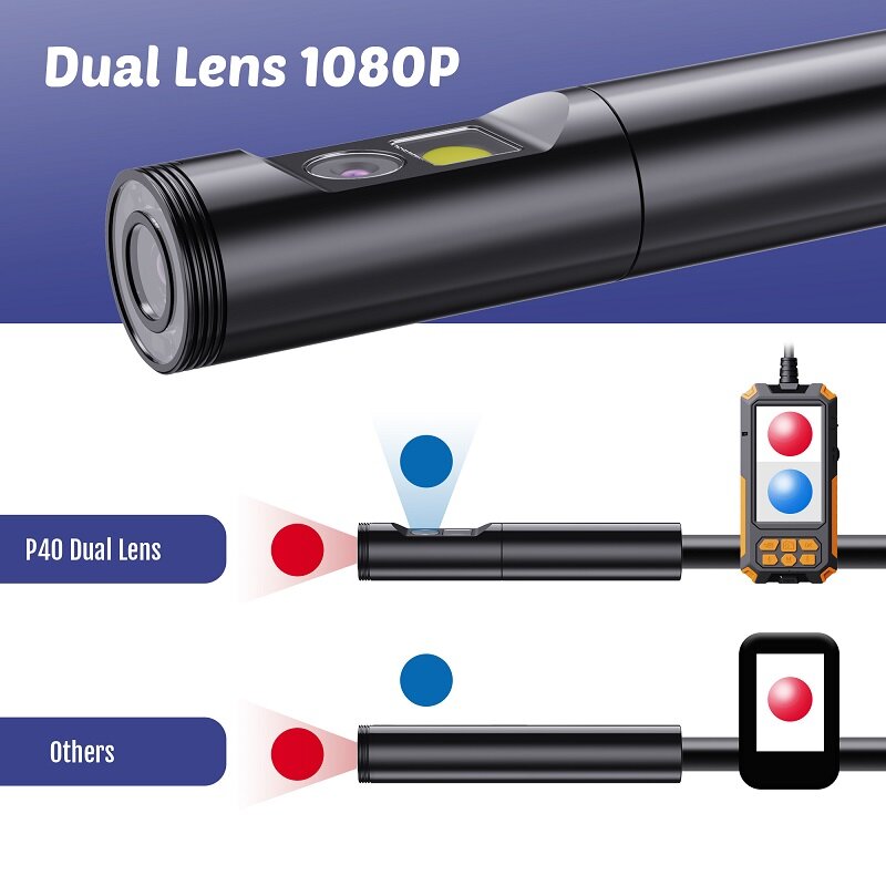 P40 Kamera Lensa Tunggal & Ganda Endoskopi Industri Borescope 1080P HD 4.3 "Layar IPS IP68 Lampu LED Tahan Air Baterai 2600MAh