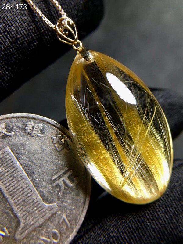 Colgante de oro Natural genuino de Cuarzo rutilado, colgante de piedra de cristal de Brasil, oro de 18K, 29,5x16,6x12,5mm, AAAAAA