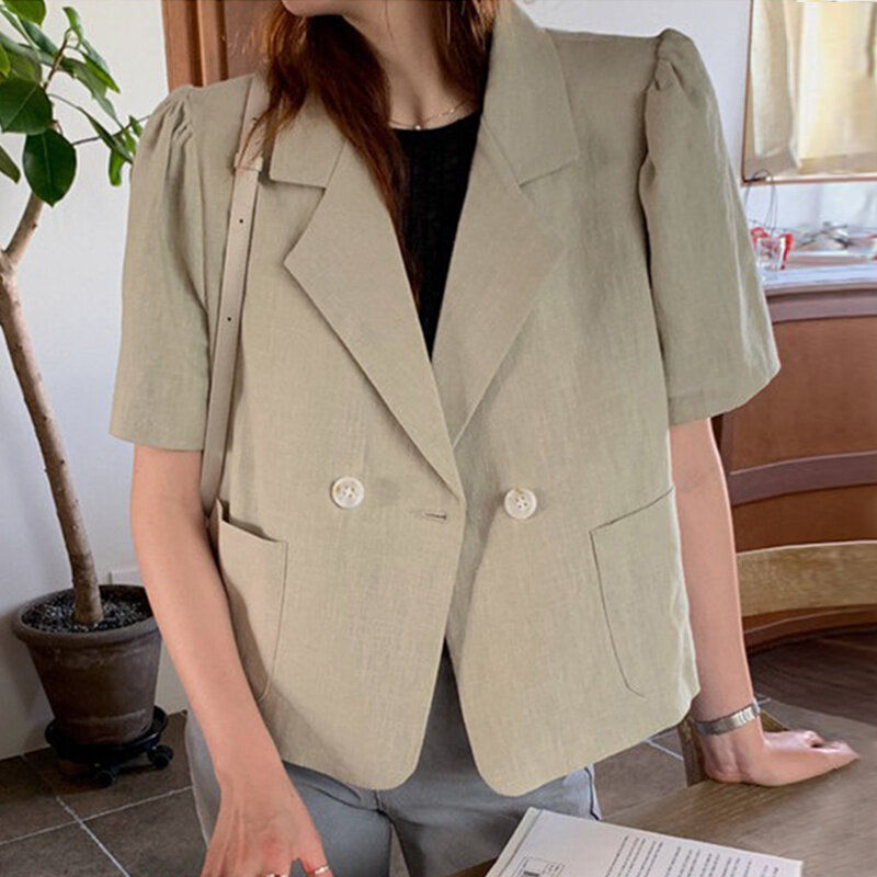 2021 여성을위한 재킷 한국 세련된 여름 틈새 옷깃 두 쌍의 가슴 느슨한 버블 슬리브 짧은 대마