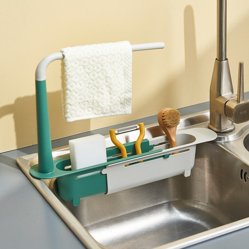 ห้องครัว Telescopic Sink Rack สบู่ฟองน้ำอ่างล้างจานพลาสติกจัดเก็บอุปกรณ์เสริมปรับท่อระบายน้ำตะกร้าเก...