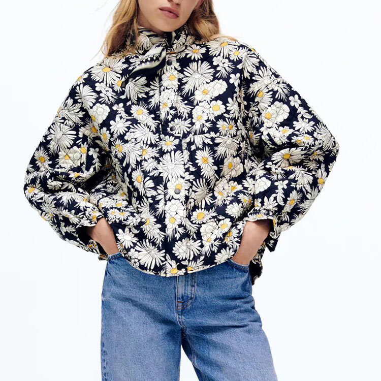 2021 herbst Neue frauen Daisy Drucken einreiher Taschen Dekorative Stand-up Kragen Damen Baumwolle Jacke Jacke gepolsterte Jacke