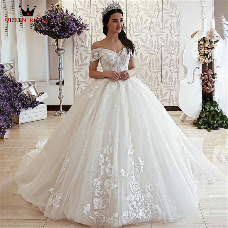 Simple Ball Gown Puffy Wedding Dresses Cap Sleeve Tulle Lace  Appliques Formal Bridal Gown 2022 New Design Custom Made DS100