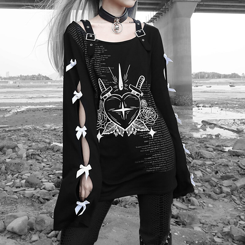 Emo Frauen Alt Streetwear Langarm Dark Ästhetische Alternative Gothic Goth Pullover Übergroßen Tops Grunge Sweatshirts Kleidung