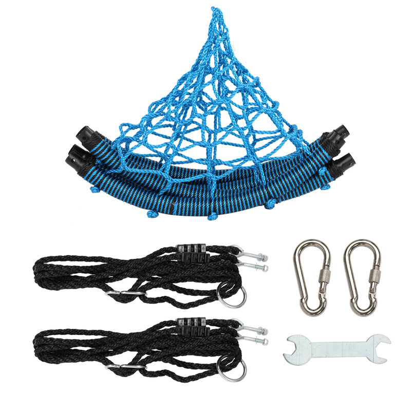 Spider Web Tali Swing Bulat Tali Dapat Disesuaikan 2 Carabiner Biru Hitam 40 Inci Kursi Teras Luar Ruangan Taman Laut Anak Dewasa