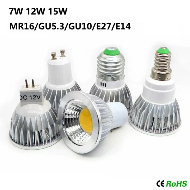Bombilla LED regulable de AC85-265V, foco COB GU10/E27/E14/GU5.3, 9W/12W/15W, lámpara LED de aluminio CB, luz blanca/blanca cálida