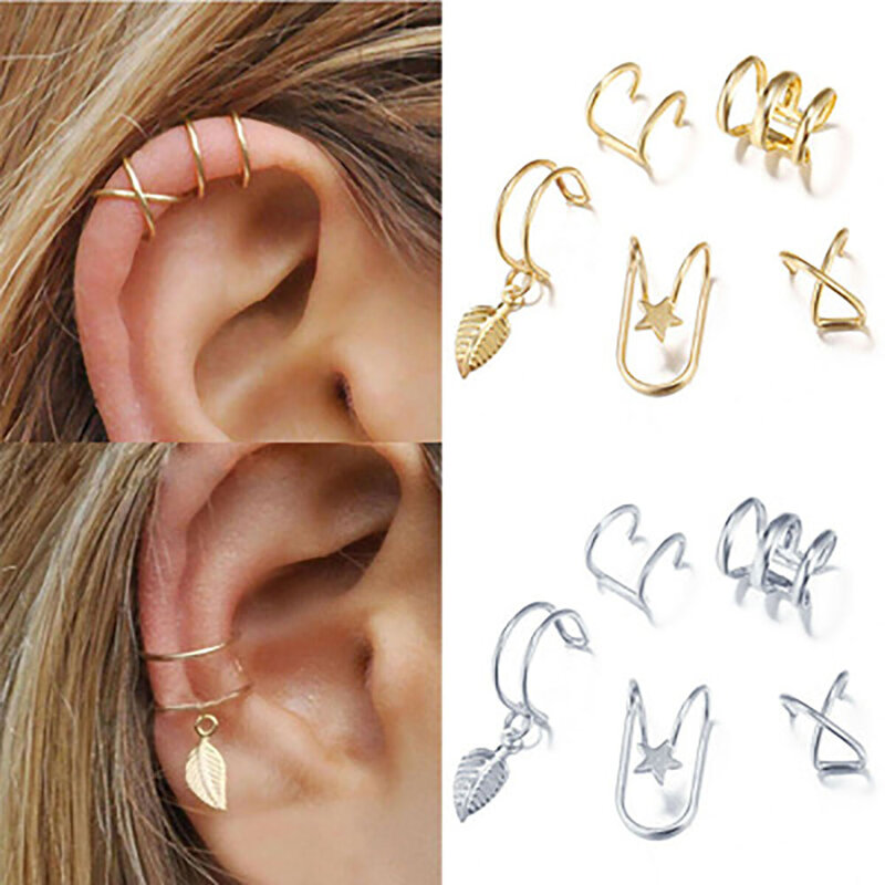 Juego de clips dorados para las orejas para mujer, pendientes de clip de hoja, bolsa para la oreja, venta al por mayor de fábrica, 5 piezas, 2020