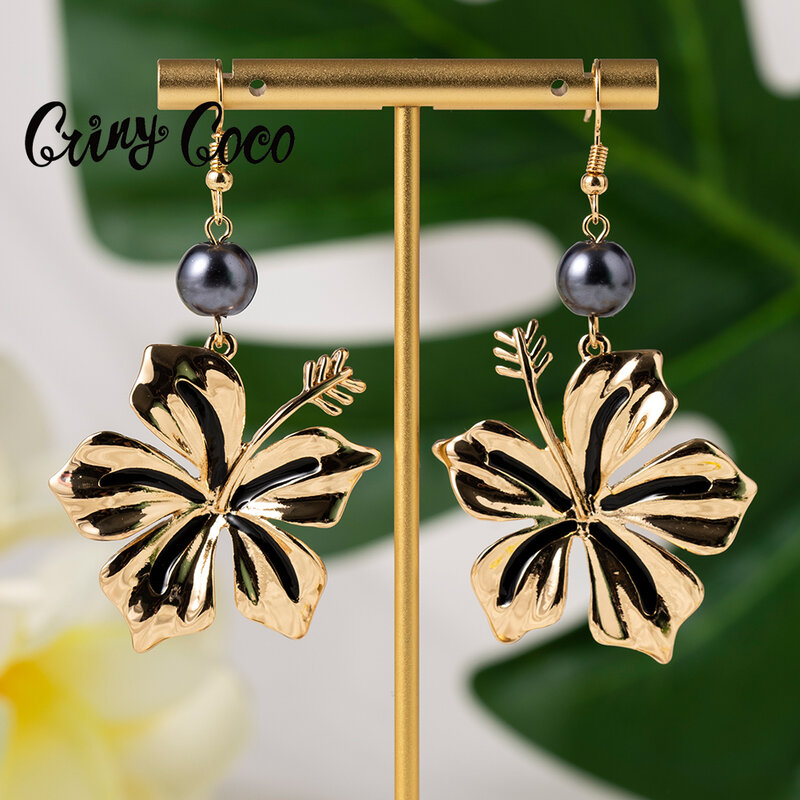 Cring Coco orecchini di fiori di ibisco hawaiano smalto Color oro lega Plumeria orecchini a goccia gioielli da donna di tendenza 2021