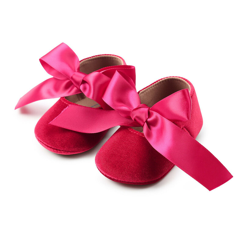 Zapatos de princesa para niña pequeña, antideslizantes, suela suave plana de algodón, cuna de goma, nudo de mariposa encantador, primeros pasos de 0 a 18m